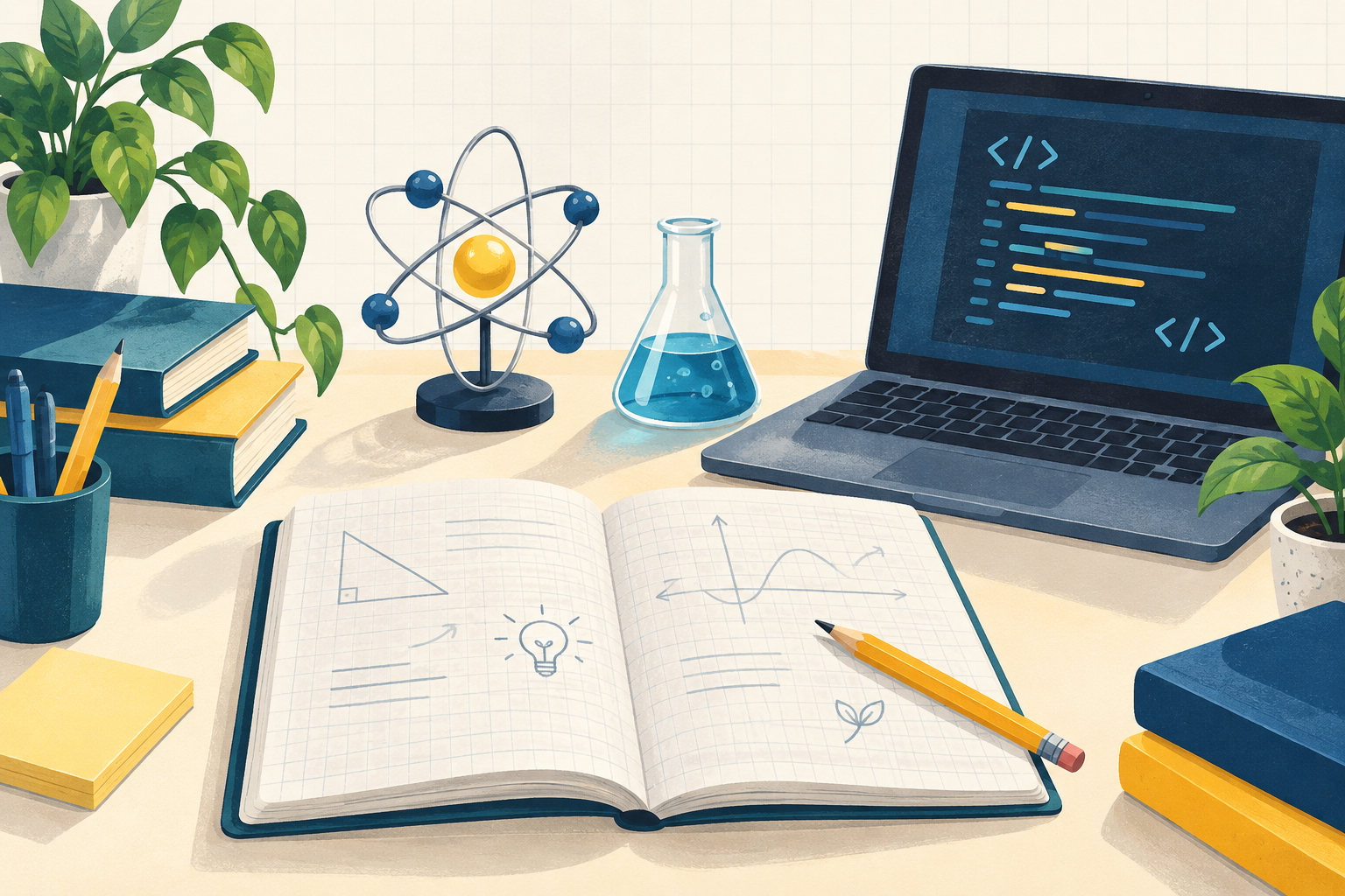 Spalvingas mokymosi stalas: sąsiuvinis, kompiuteris, atomo modelis ir chemijos kolba